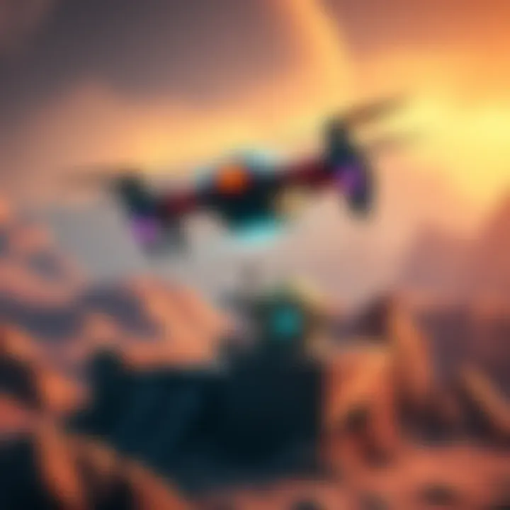 A colorful alien drone hovers above a space base in Mine Engineer, creating a playful challenge for players.