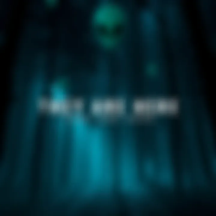 A tense scene showing a dark forest with alien lights and shadows hinting at an unknown threat. The game's title, 'They Are Here', is prominently displayed.