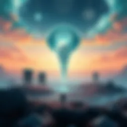 Alien Language Game Concept Art Concept art showing a futuristic game scene with alien symbols and characters in a vibrant landscape