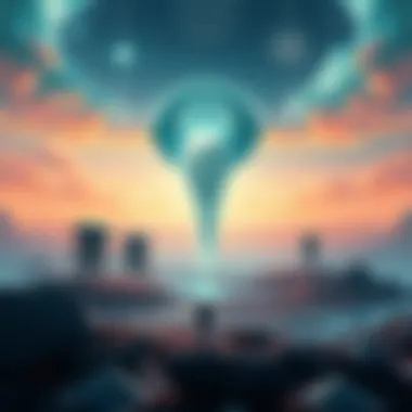 Alien Language Game Concept Art Concept art showing a futuristic game scene with alien symbols and characters in a vibrant landscape