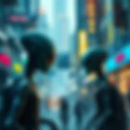 A scene showing humans and aliens coexisting in a vibrant city setting, highlighting their interactions and shared activities.