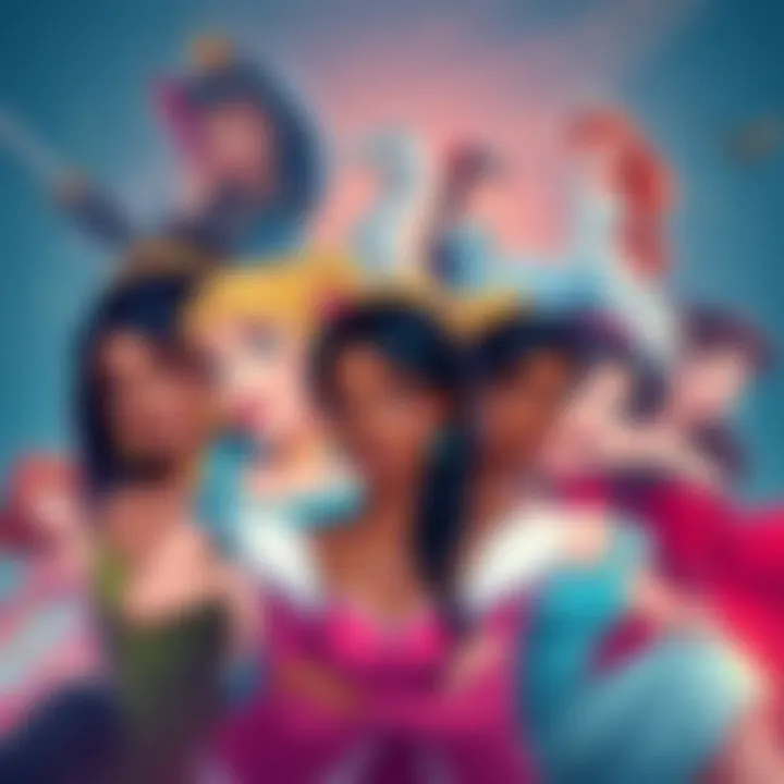 A collage of diverse characters who challenge traditional Disney princesses, showcasing unique traits and styles