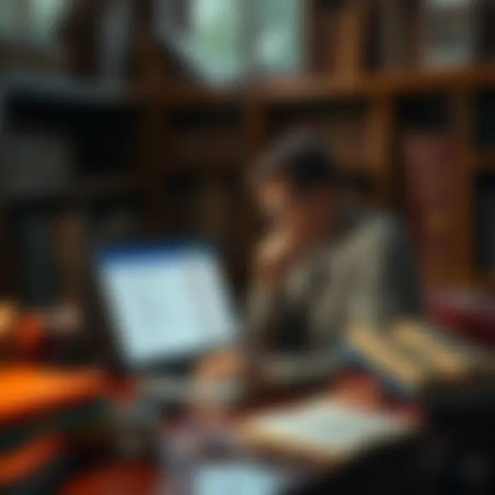 A person sitting at a desk surrounded by books about medieval knowledge, looking thoughtfully at a laptop with a list of free writing tools displayed.