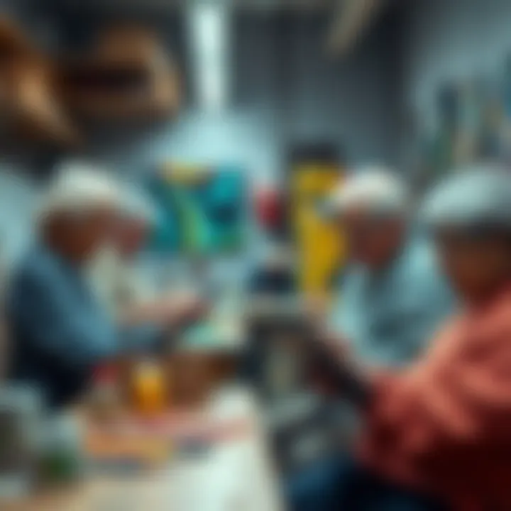 A workshop scene showing Alzheimer’s patients happily painting and generating AI art on tablets