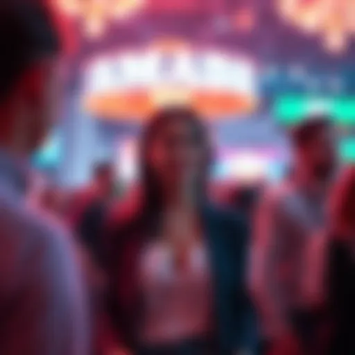 Amanda standing in a crowd at the Necklace Event, looking excited and slightly nervous, wearing a stylish outfit and observing her surroundings.