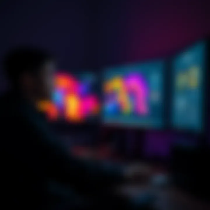 An amateur artist sits in front of a computer, exploring AI art creation with colorful digital artwork displayed on the screen.