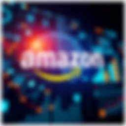 An Amazon logo with artificial intelligence icons and data charts in the background, symbolizing its leadership in AI technology.