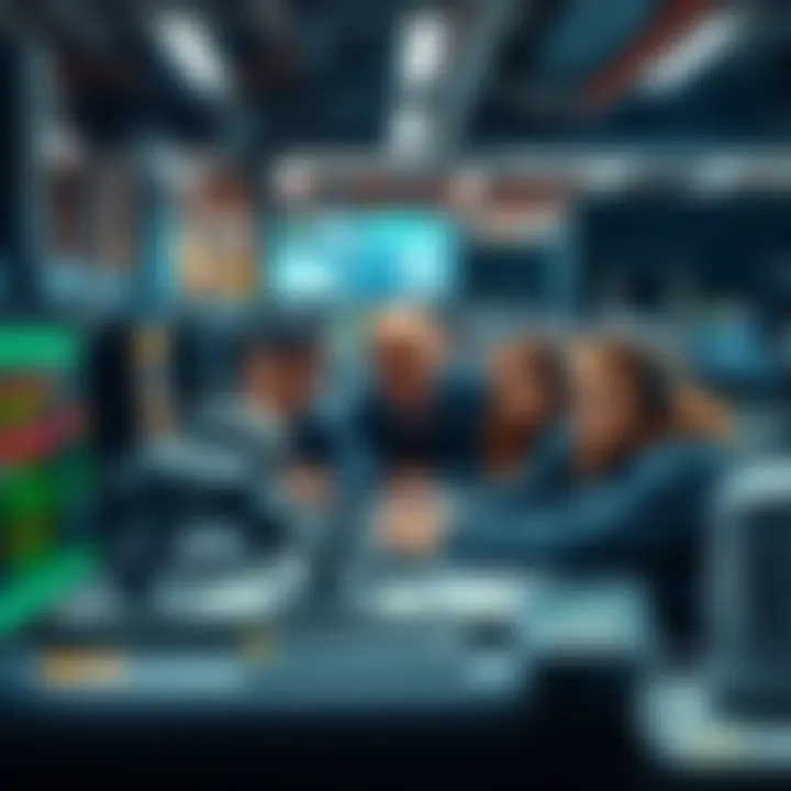 A team of Amazon employees working with AI technology, showing a mix of computers and machinery, with some looking busy and others appearing puzzled by the new systems.