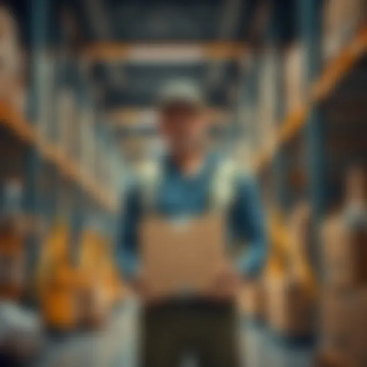 A worker standing at an Amazon same-day delivery hub with packages ready for delivery