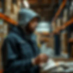 A tired Amazon employee holding food stamps in a warehouse setting, showing the challenge of making ends meet