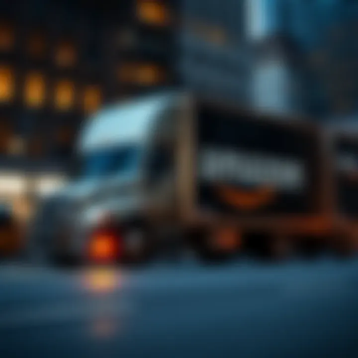 Amazon delivery truck parked and idling in New York City, with buildings in the background and a sign indicating idling restrictions