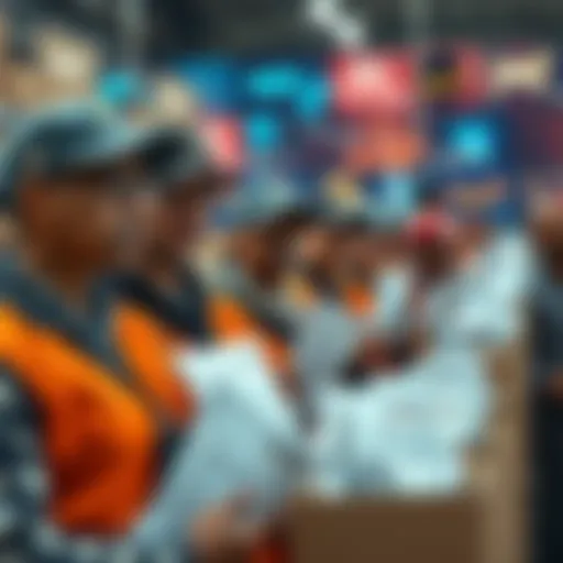 A line of Amazon workers holding food stamp applications, with a background of AI technology images, showing a contrast between employee struggle and corporate investment.