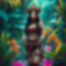 A vibrant Amazonian waifu with unique features stands in a lush forest, showcasing her detailed outfit and charming design amidst colorful plants and flowers.