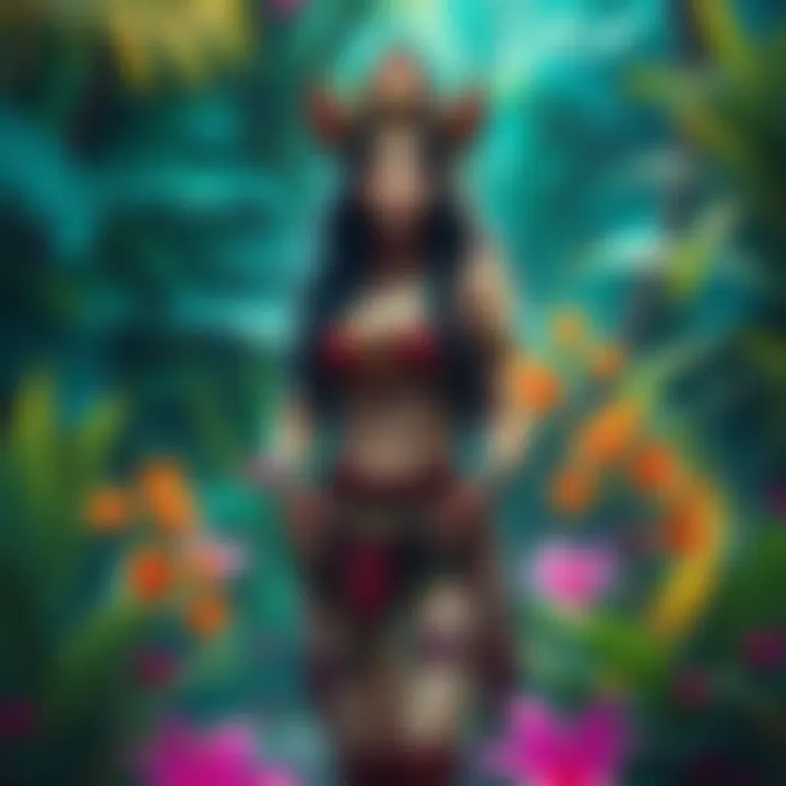 A vibrant Amazonian waifu with unique features stands in a lush forest, showcasing her detailed outfit and charming design amidst colorful plants and flowers.