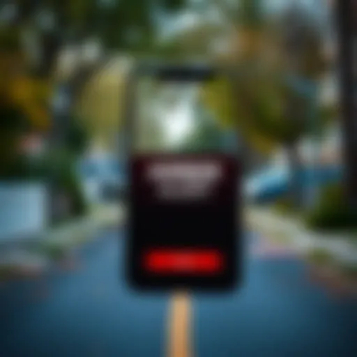 A smartphone screen displaying an amber alert notification with a background of a quiet neighborhood street.