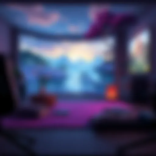 A peaceful gaming scene with calming graphics and vibrant colors, showcasing a selection of video games with soothing soundtracks.