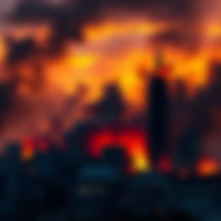 A city skyline engulfed in flames with dark smoke billowing into the sky, symbolizing chaos and instability reminiscent of ancient Rome under Nero.