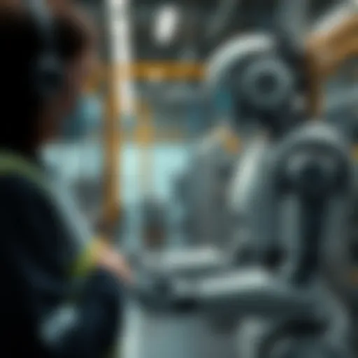 A modern robot working alongside humans in a factory setting, showcasing advancements in technology and collaboration in the American robotics industry.