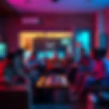 A diverse group of people playing video games together in a living room, showcasing the popularity of gaming in American culture.