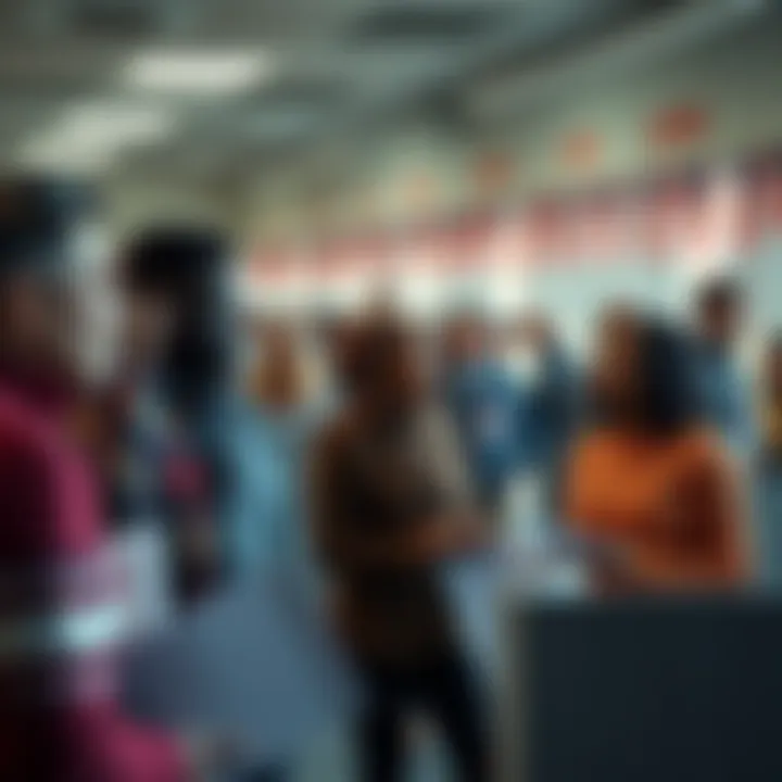 A diverse group of Americans at a polling station, discussing their political views and casting votes