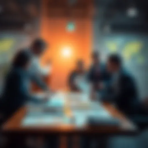 A group of experts discussing market trends with charts and reports on a table.