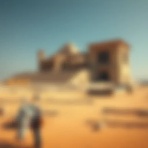 Remains of ancient structures like the Gizah pyramid power plant with hints of advanced machinery in a desert setting