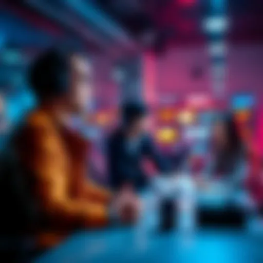 An indie game developer presenting their Android game concept to potential publishers and investors in a meeting setting.