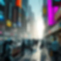 A scene showing androids working alongside humans in a bustling urban environment, highlighting the contrast between technology and human labor.