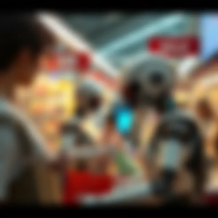 A scene showing androids assisting people in various daily activities, like shopping and working in an office setting.