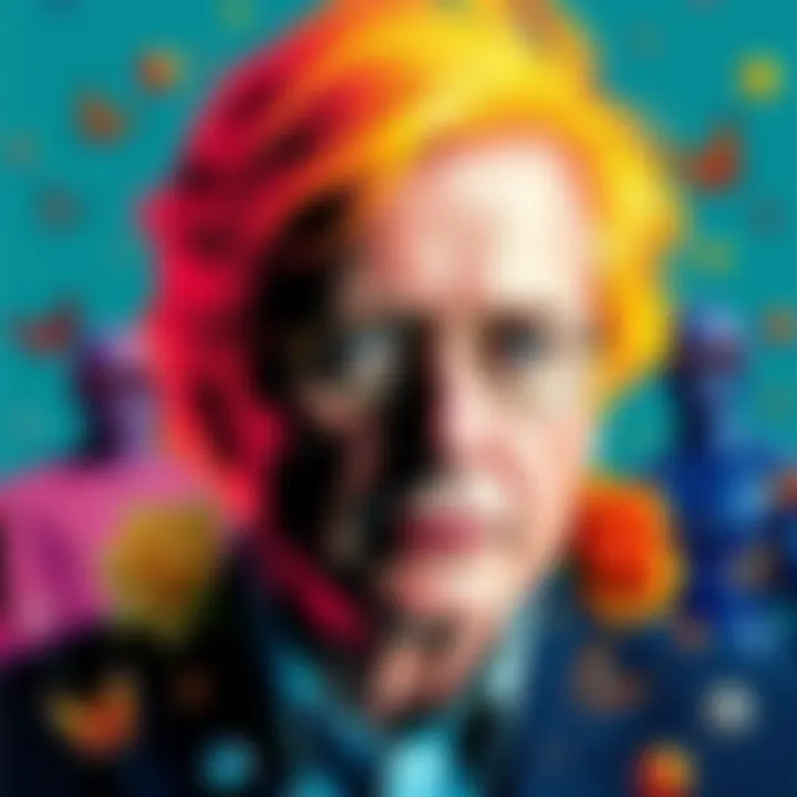 Colorful portrait of Andy Warhol surrounded by AI-generated art pieces reflecting his style