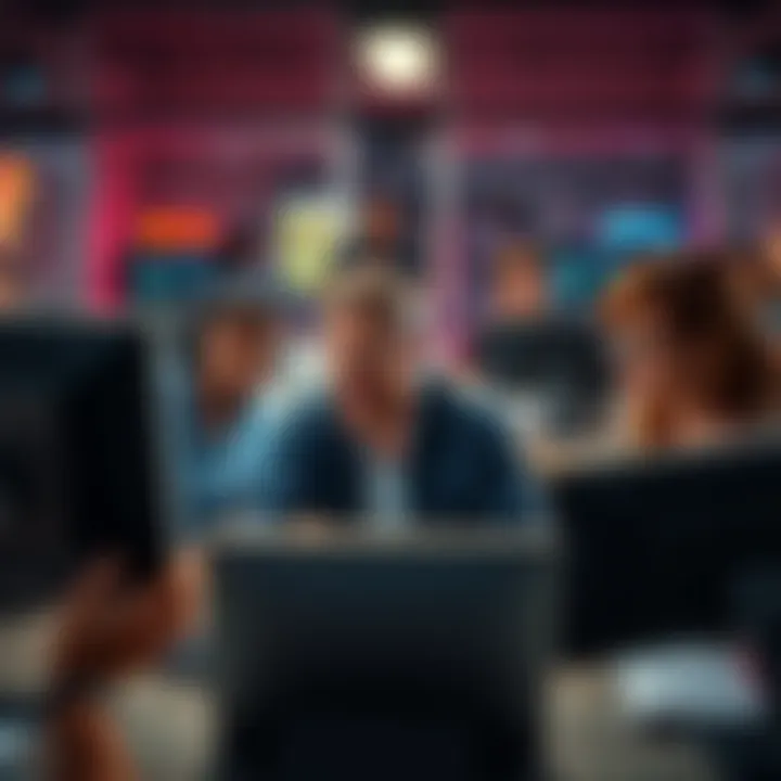 A group of people discussing passionately in front of their computers, showing intense emotions during an online debate.