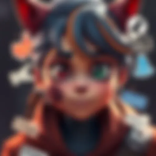 A colorful anima character showcasing unique facial expressions and styles with various artist tags around it