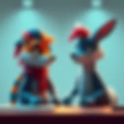 Two colorful animal characters engaged in a conversation, representing educational video content creation