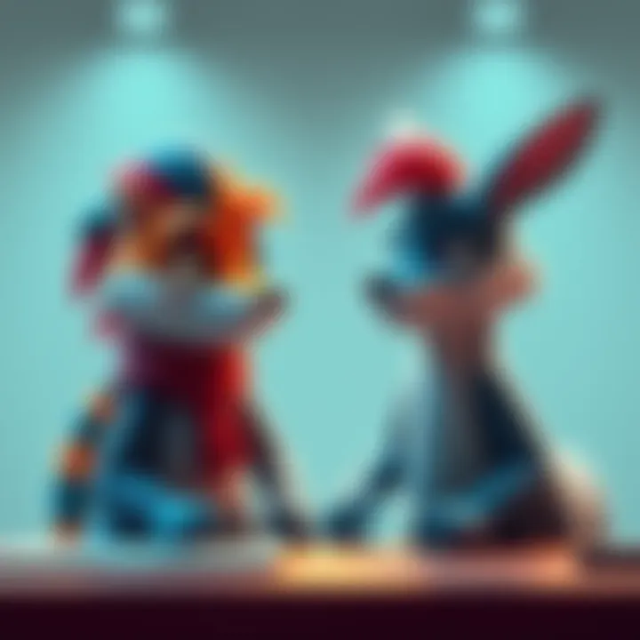 Two colorful animal characters engaged in a conversation, representing educational video content creation