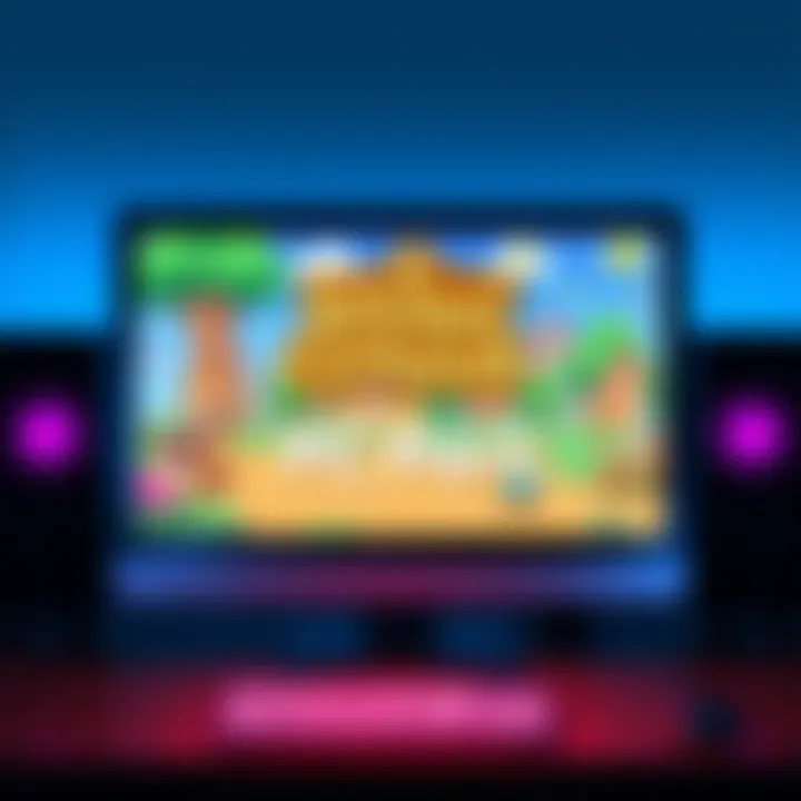 A computer screen displaying a fanmade Animal Crossing game interface, with vibrant characters and a lively village scene.