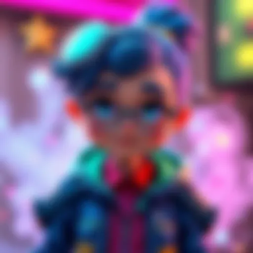 A colorful animated character named Kayla with creative effects surrounding her, showcasing AI technology in animation.