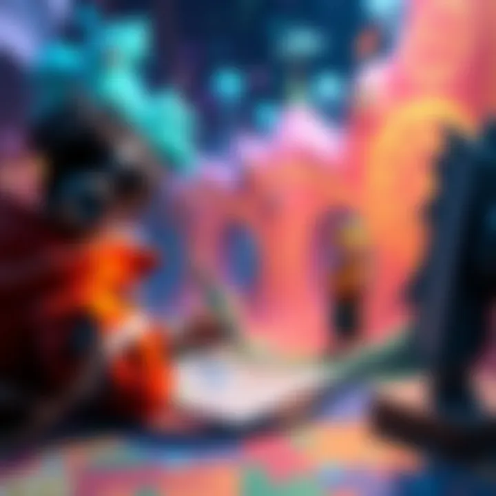 Artist creating a detailed animated map featuring vibrant colors and intricate designs, showcasing a character in an imaginative setting.