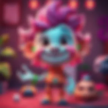 A colorful animated character with a friendly smile, showcasing various products related to Shattered Paradise, like toys and apparel.
