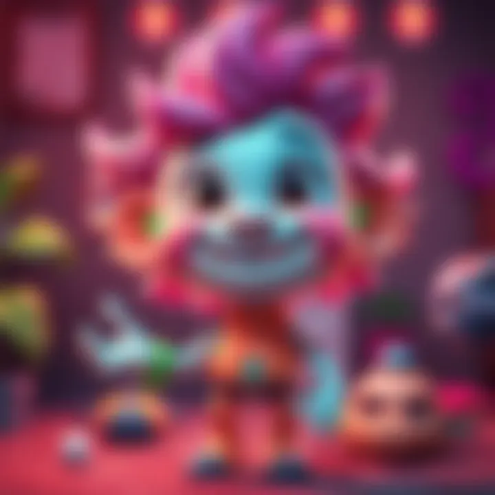 Animated Character from Shattered Paradise A colorful animated character with a friendly smile, showcasing various products related to Shattered Paradise, like toys and apparel.