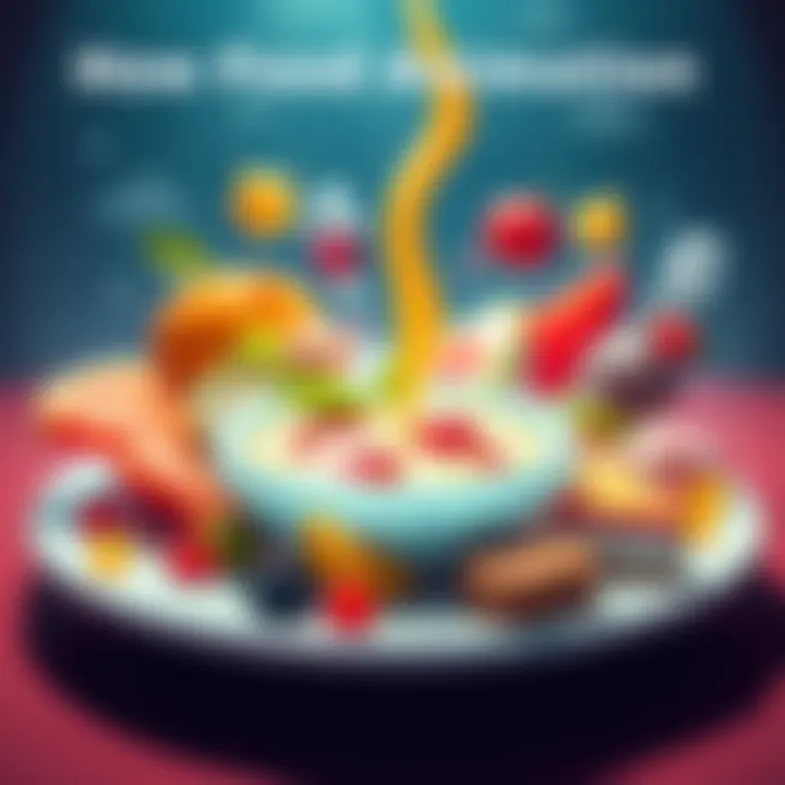 A colorful animated plate with various foods including pizza, fruits, and desserts, showcasing vibrant colors and fun movements.