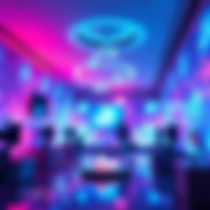 A lively room filled with animated holograms that create an interactive atmosphere and engage the audience.