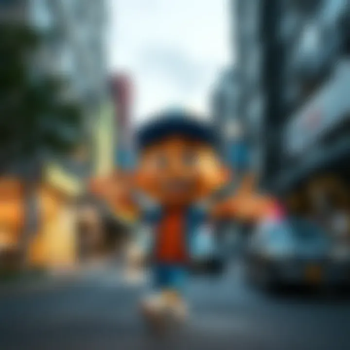 A colorful cartoon mascot animated on top of a real-world street scene, showcasing the blend of animation and live action.