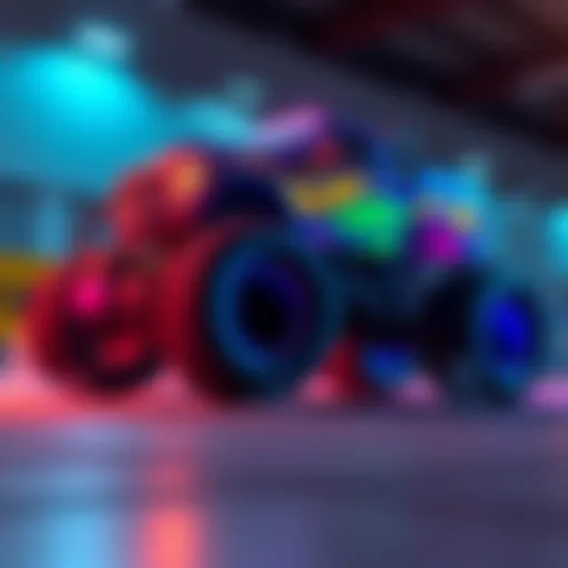 A colorful monster truck with oversized wheels in motion, showcasing animation effects in picoCAD 2.