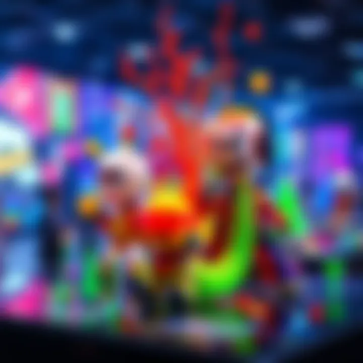 Colorful animated pixel sprites interacting with real-world elements in an art display