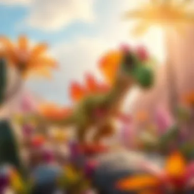 A colorful Sinosauropteryx prima cartoon character animated in a prehistoric setting with vibrant plants and a sunny sky.