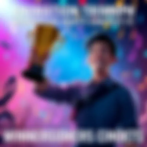 A joyful animator holding a trophy with a celebratory backdrop of music notes and colorful animations.