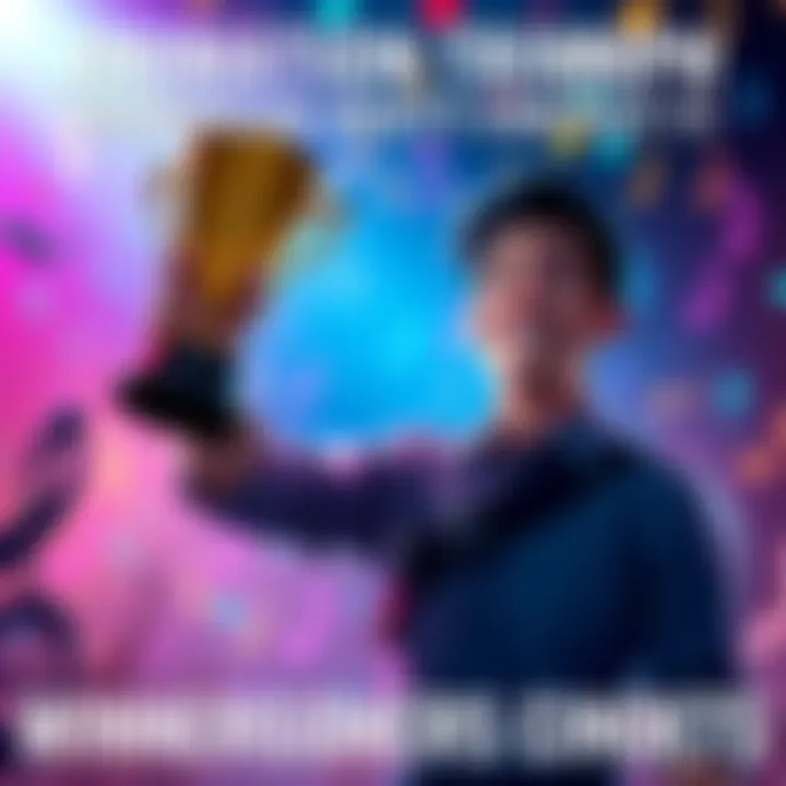 A joyful animator holding a trophy with a celebratory backdrop of music notes and colorful animations.