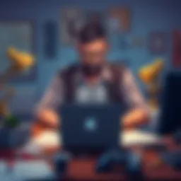 A concerned animation company owner sitting at a desk with a laptop, surrounded by sketches and animation tools, reflecting on declining work contracts.