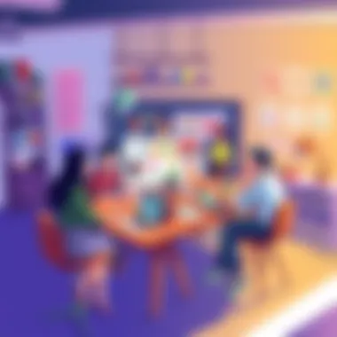 A colorful illustration showing various animation concepts being discussed, with people sharing ideas around a table in a creative workspace.