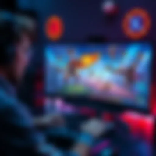 A game developer working on animations for characters on a computer screen, showcasing colorful graphics and dynamic movements.